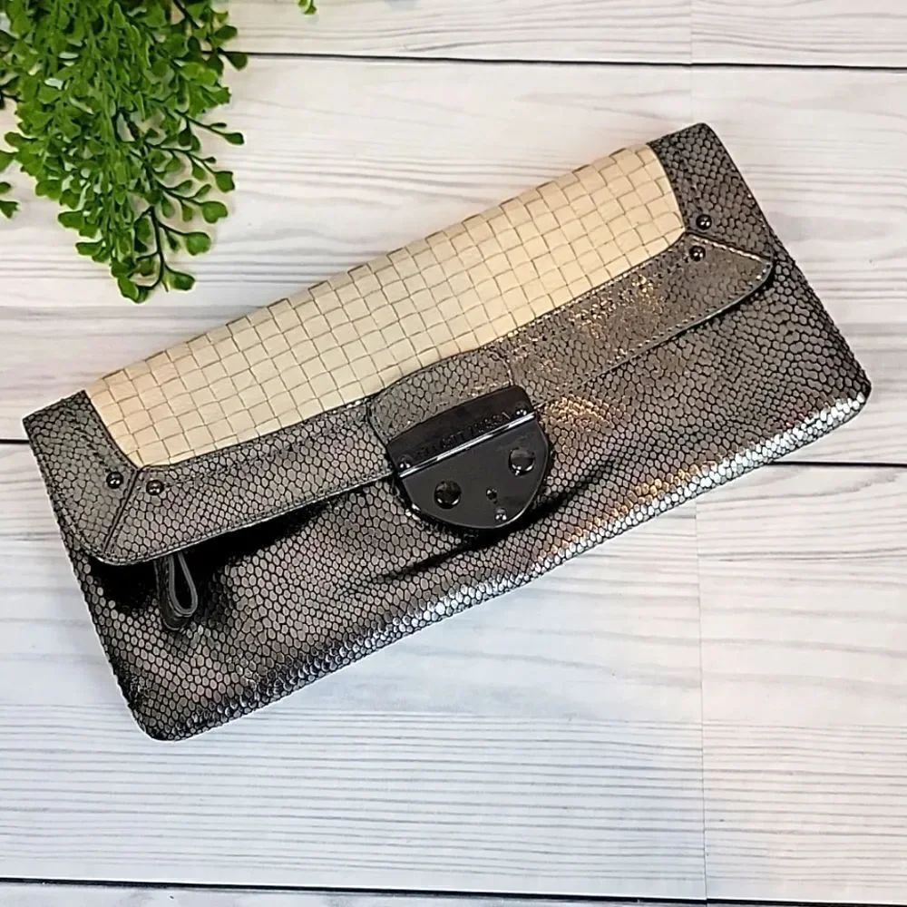Elliot Lucca faux snakeskin clutch silver metallic and cream